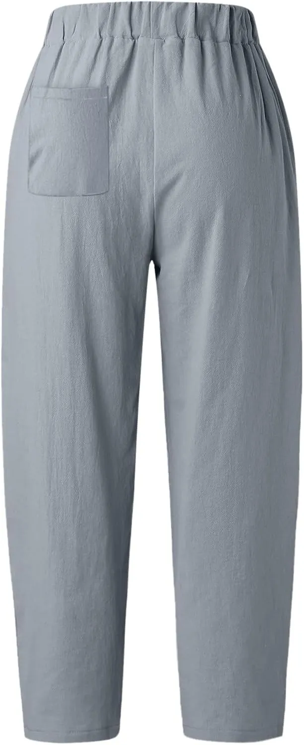 2024 Women Yoga Harem Pants Cotton Linen High Waist Elastic Ankle Pants Solid Casual Flowy Loose Sweatpants Trousers Pockets