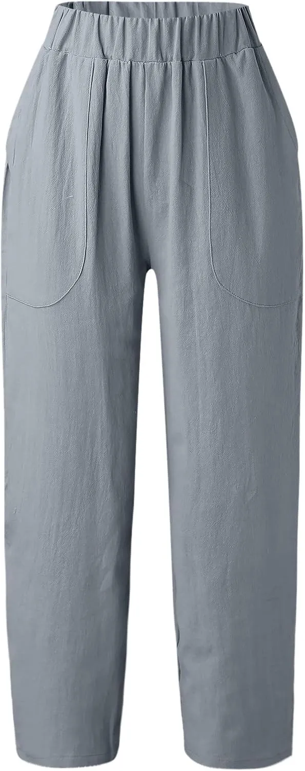 2024 Women Yoga Harem Pants Cotton Linen High Waist Elastic Ankle Pants Solid Casual Flowy Loose Sweatpants Trousers Pockets