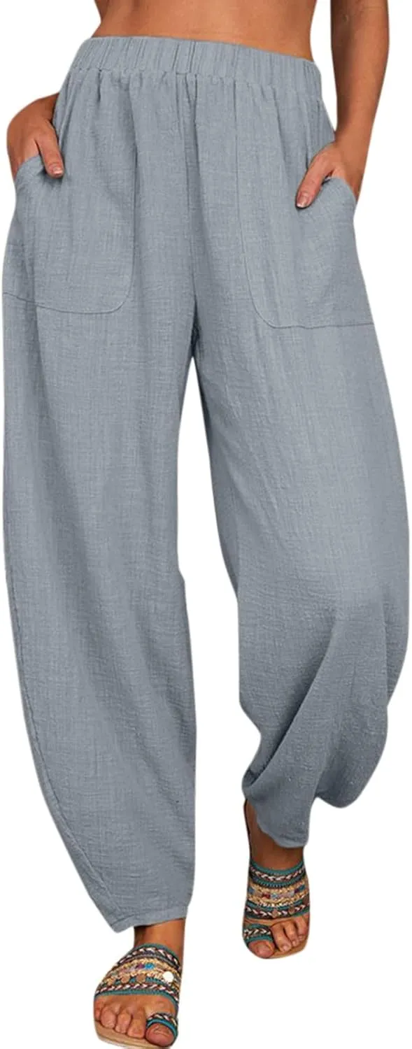 2024 Women Yoga Harem Pants Cotton Linen High Waist Elastic Ankle Pants Solid Casual Flowy Loose Sweatpants Trousers Pockets