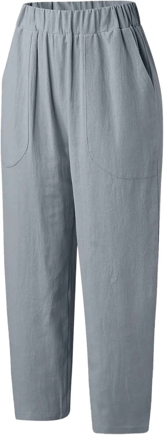 2024 Women Yoga Harem Pants Cotton Linen High Waist Elastic Ankle Pants Solid Casual Flowy Loose Sweatpants Trousers Pockets