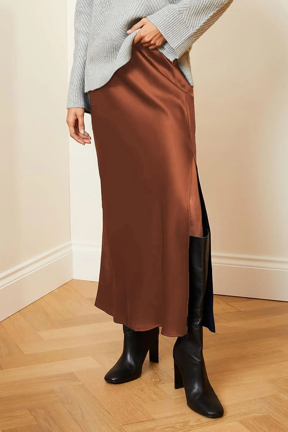 ATHX Women's Satin Long Skirt Dressy 2024 Summer High Waisted Silk A Line Split Elegant Maxi Skirts