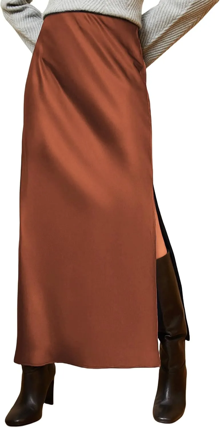 ATHX Women's Satin Long Skirt Dressy 2024 Summer High Waisted Silk A Line Split Elegant Maxi Skirts