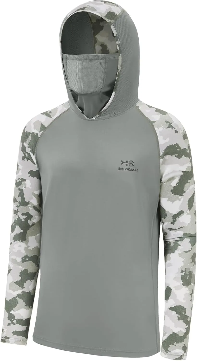 BASSDASH Men's UPF 50  Camo Hoodie Shirt with Mask Long Sleeve Sun Protection Neck Gaiter Hooded Tee for Fishing Hiking