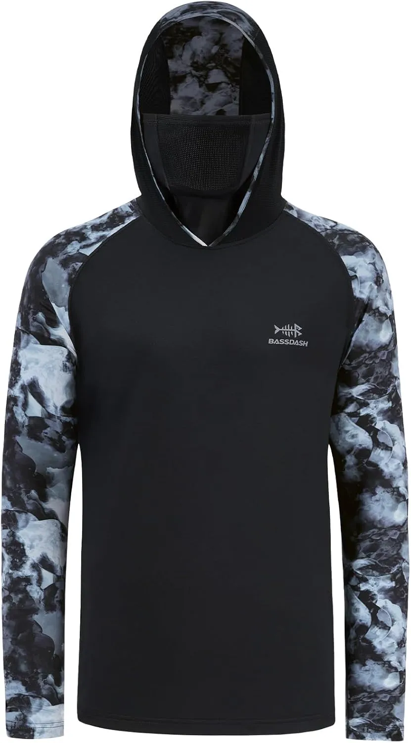 BASSDASH Men's UPF 50  Camo Hoodie Shirt with Mask Long Sleeve Sun Protection Neck Gaiter Hooded Tee for Fishing Hiking