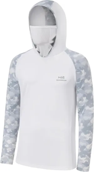 BASSDASH Men's UPF 50  Camo Hoodie Shirt with Mask Long Sleeve Sun Protection Neck Gaiter Hooded Tee for Fishing Hiking