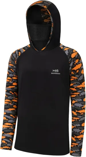 BASSDASH Men's UPF 50  Camo Hoodie Shirt with Mask Long Sleeve Sun Protection Neck Gaiter Hooded Tee for Fishing Hiking