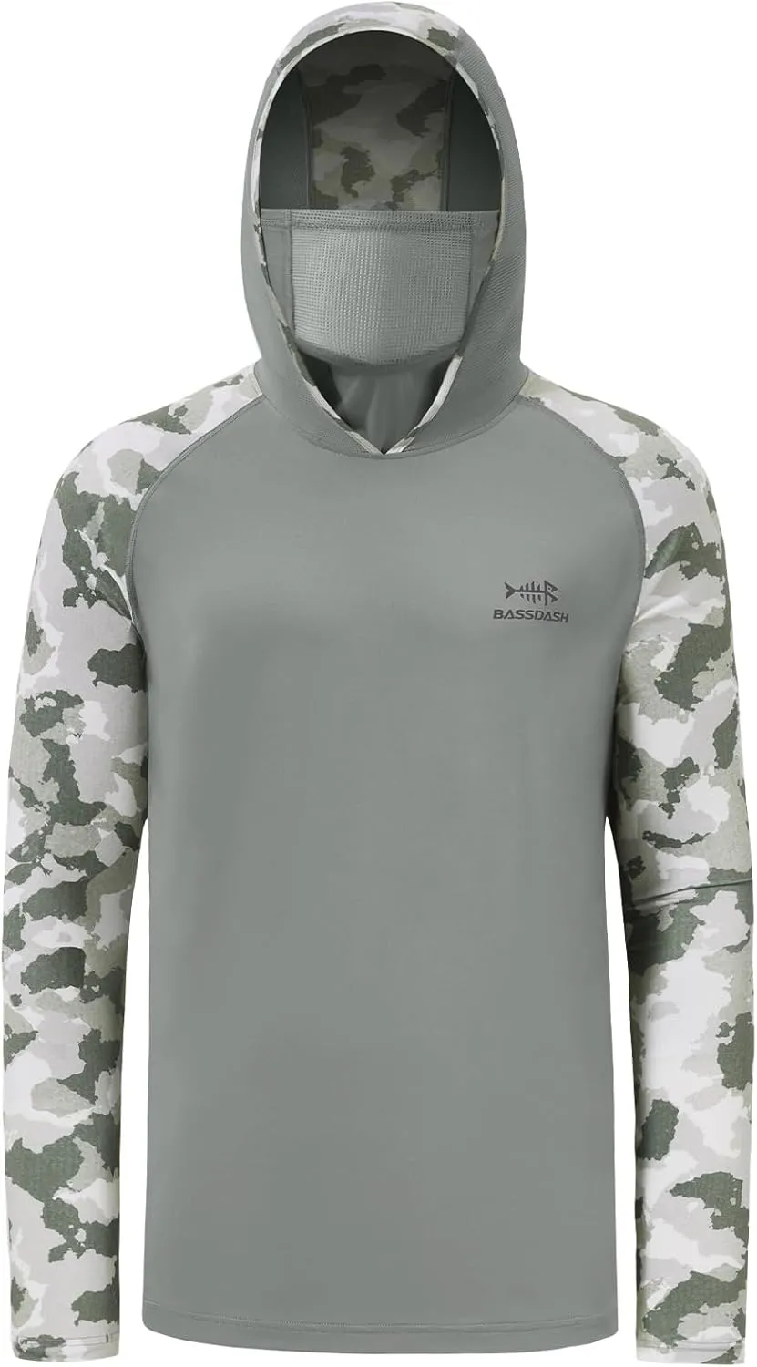 BASSDASH Men's UPF 50  Camo Hoodie Shirt with Mask Long Sleeve Sun Protection Neck Gaiter Hooded Tee for Fishing Hiking