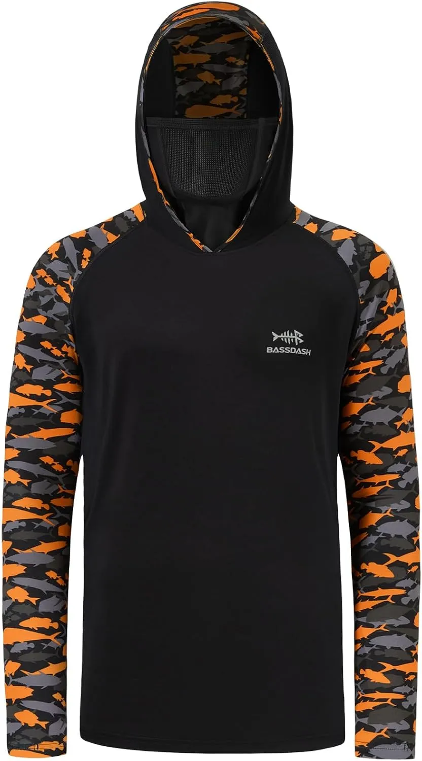 BASSDASH Men's UPF 50  Camo Hoodie Shirt with Mask Long Sleeve Sun Protection Neck Gaiter Hooded Tee for Fishing Hiking