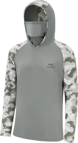 BASSDASH Men's UPF 50  Camo Hoodie Shirt with Mask Long Sleeve Sun Protection Neck Gaiter Hooded Tee for Fishing Hiking