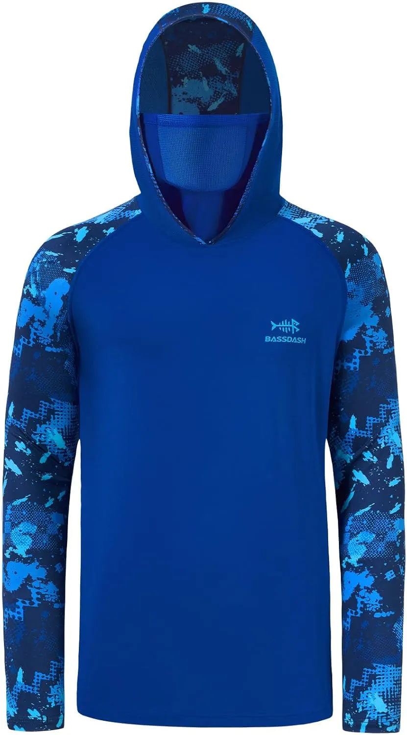 BASSDASH Men's UPF 50  Camo Hoodie Shirt with Mask Long Sleeve Sun Protection Neck Gaiter Hooded Tee for Fishing Hiking