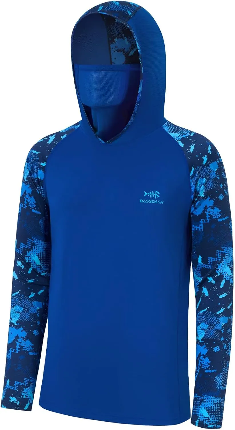 BASSDASH Men's UPF 50  Camo Hoodie Shirt with Mask Long Sleeve Sun Protection Neck Gaiter Hooded Tee for Fishing Hiking