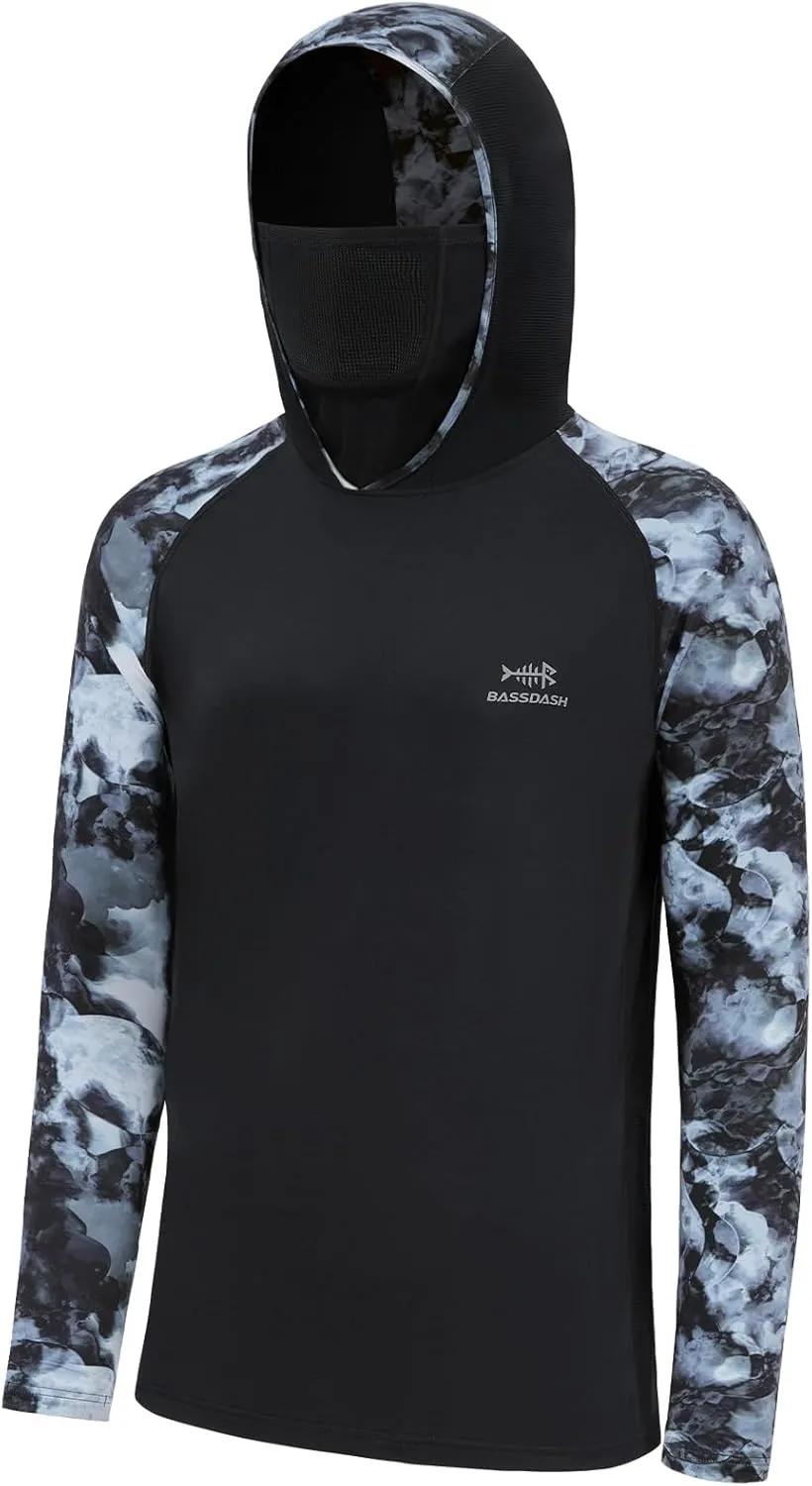BASSDASH Men's UPF 50  Camo Hoodie Shirt with Mask Long Sleeve Sun Protection Neck Gaiter Hooded Tee for Fishing Hiking