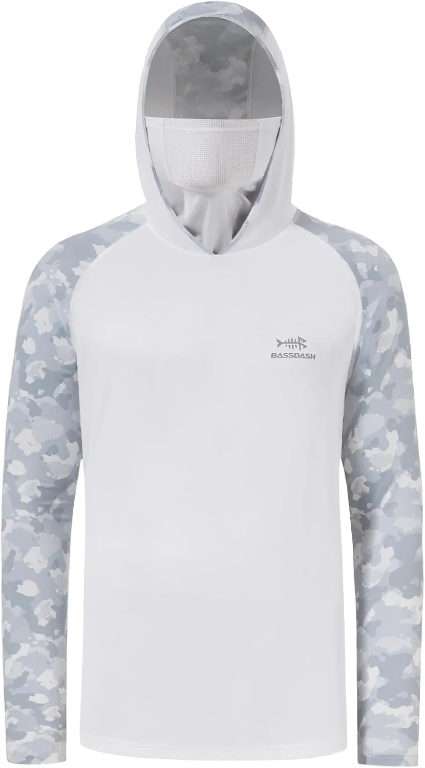 BASSDASH Men's UPF 50  Camo Hoodie Shirt with Mask Long Sleeve Sun Protection Neck Gaiter Hooded Tee for Fishing Hiking