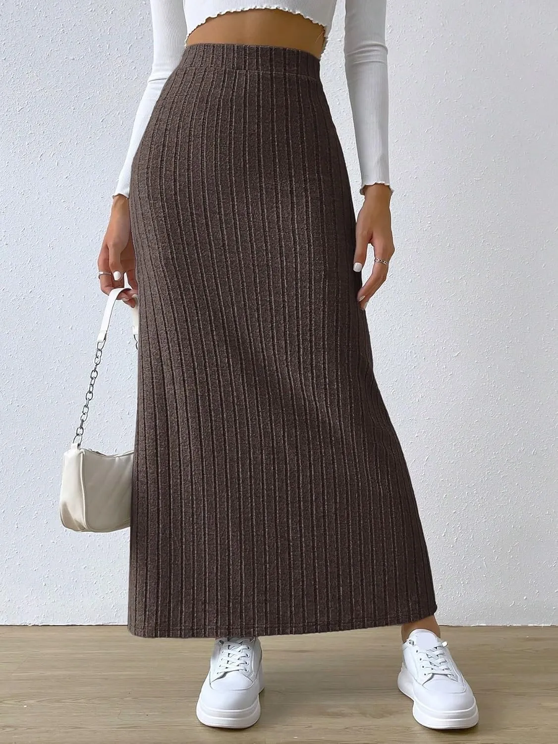 Beach Skirts Spring Side Slit Ribbed Knit High Waisted Casual Long Skirts