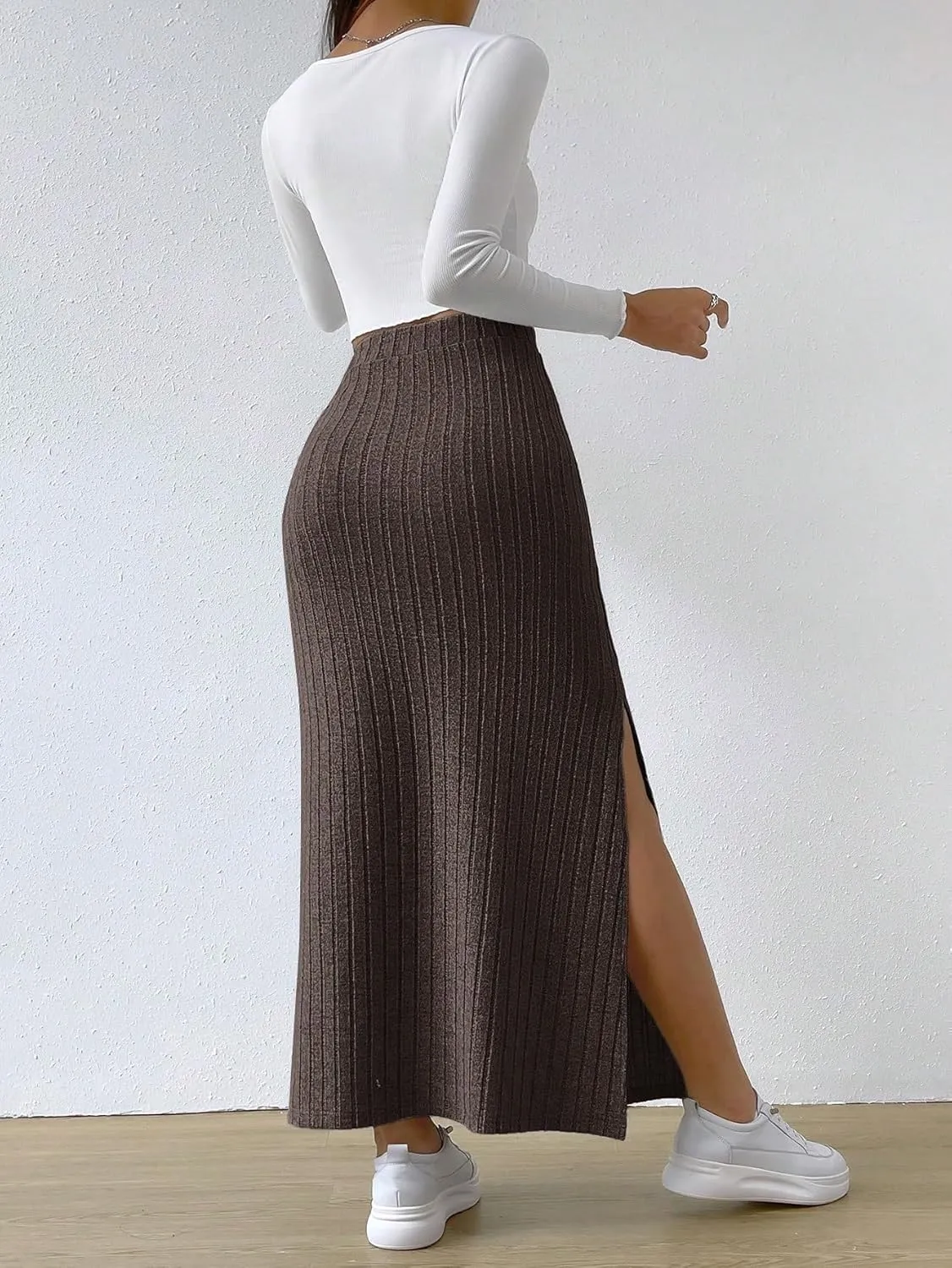 Beach Skirts Spring Side Slit Ribbed Knit High Waisted Casual Long Skirts