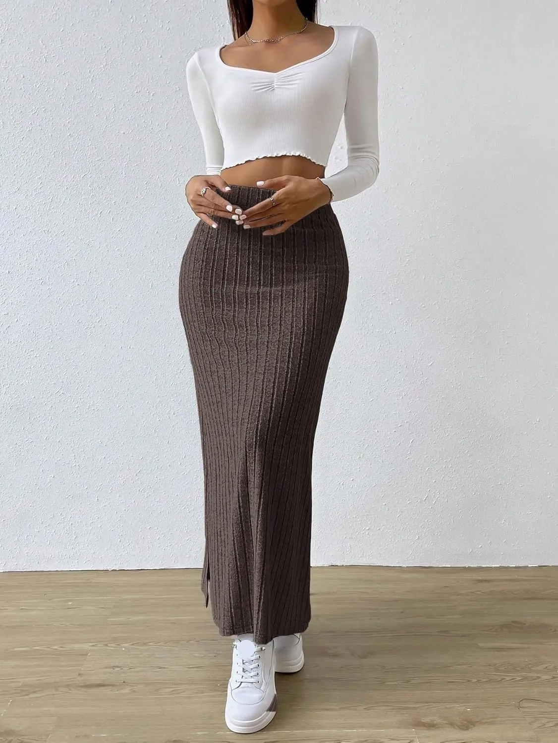 Beach Skirts Spring Side Slit Ribbed Knit High Waisted Casual Long Skirts
