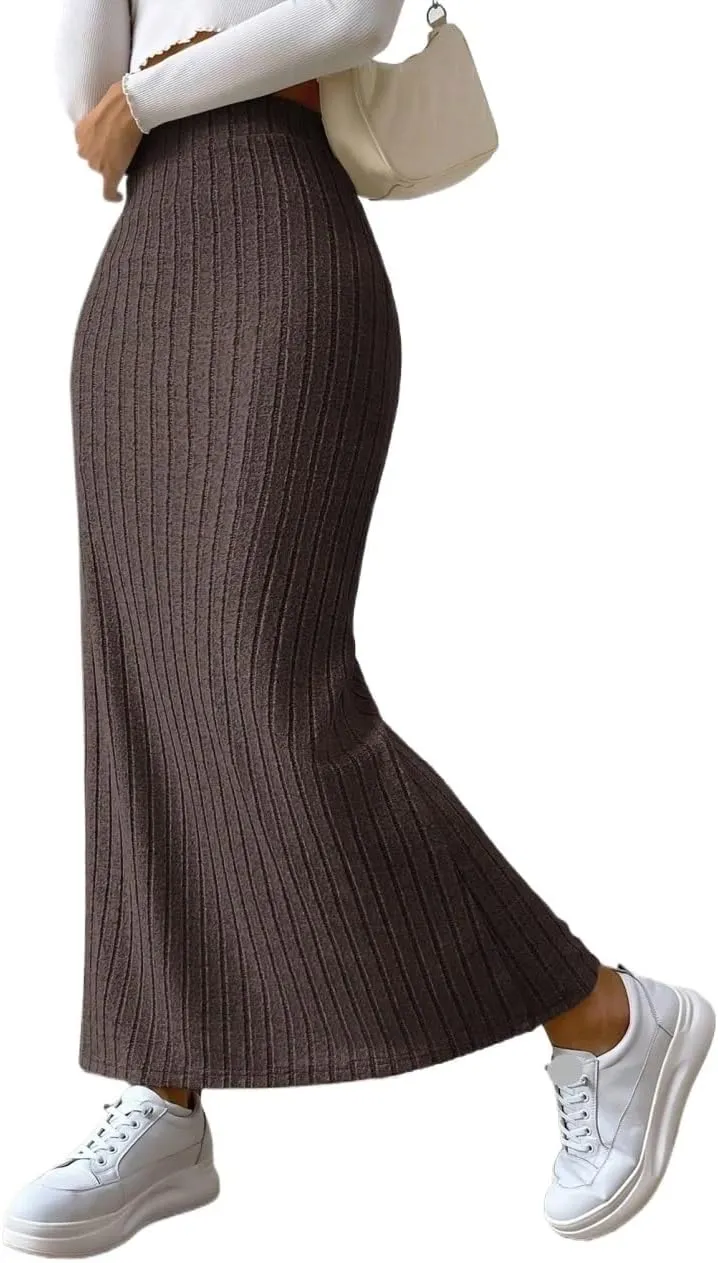 Beach Skirts Spring Side Slit Ribbed Knit High Waisted Casual Long Skirts