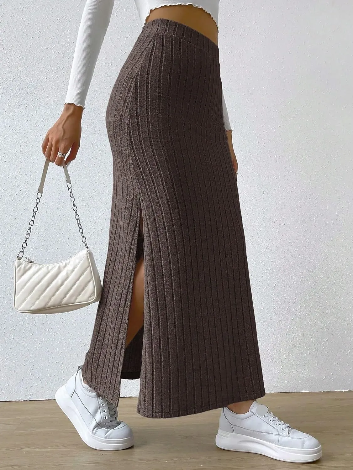 Beach Skirts Spring Side Slit Ribbed Knit High Waisted Casual Long Skirts