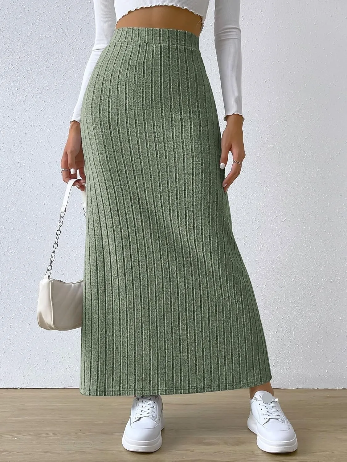 Beach Skirts Women's Spring Side Slit Ribbed Knit High Waisted Casual Long Skirts