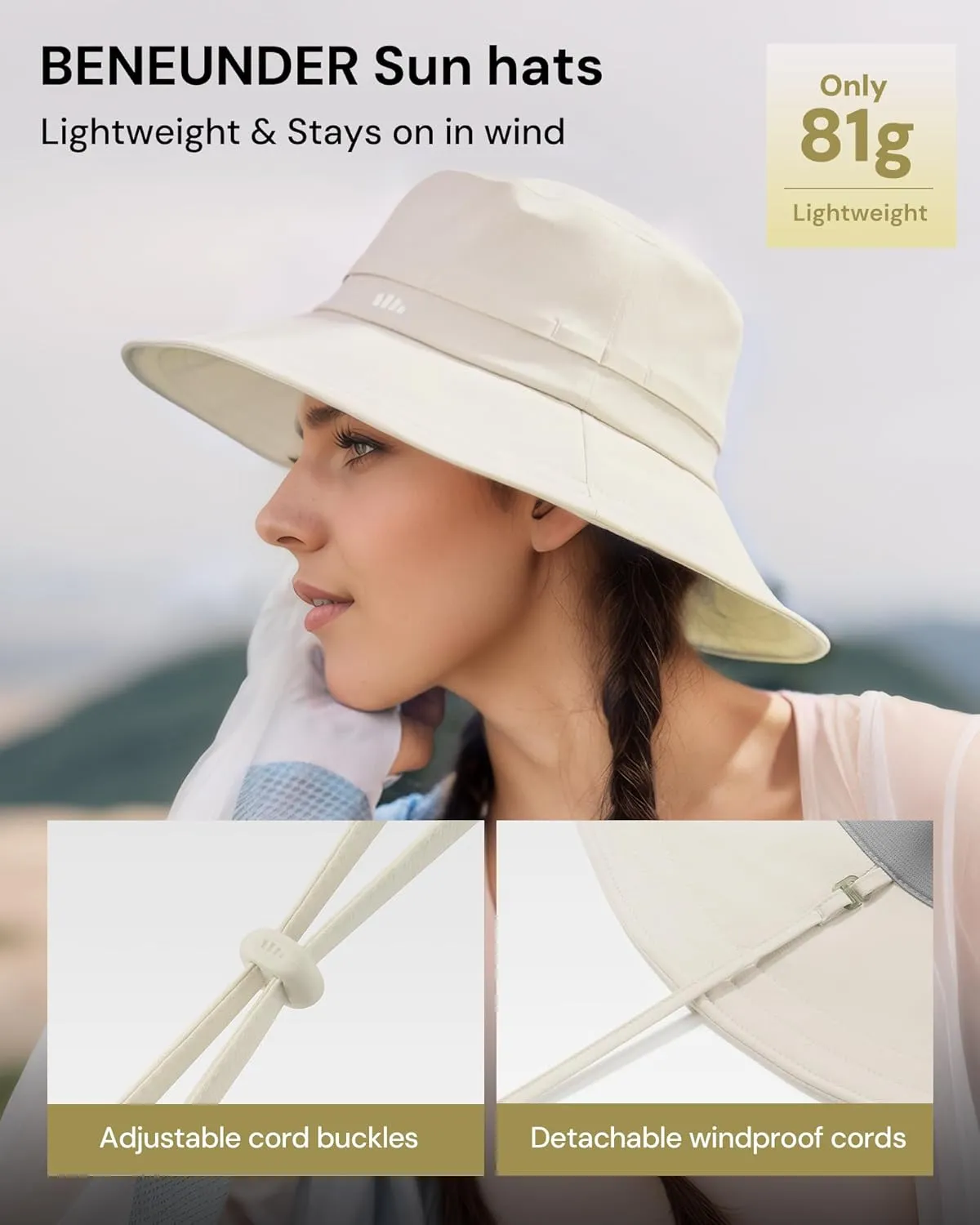 BENEUNDER Wide Brim Bucket Sun Hats for Women UPF50  UV Protection Outdoor Beach Fishing Vacation Hiking