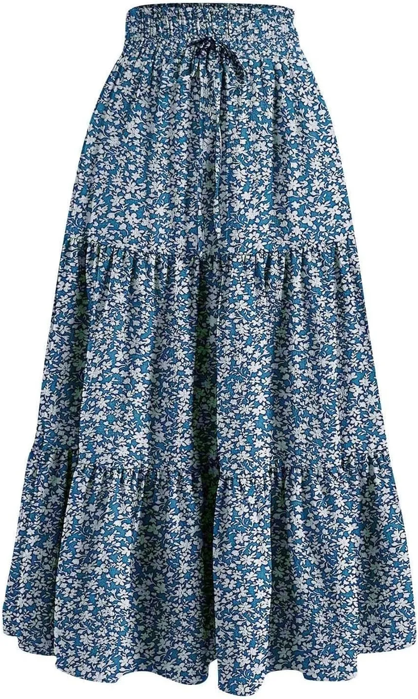 Boho Floral Maxi Skirt for Women 2025 Summer Elastic High Waist A Line Long Skirts Flowy Tiered Skirt with Pockets
