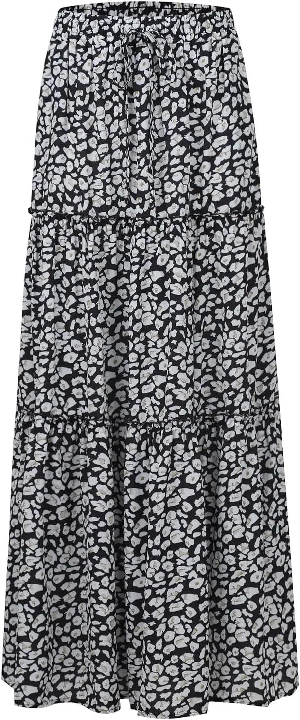 Boho Maxi Skirts for Women Summer Tiered Elastic Casual Skirt Smocked A Line Skirts Work Long Skirt Y2K with Pockets