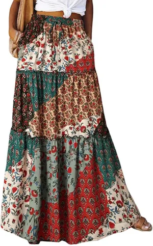 Boho Maxi Skirts for Women Summer Tiered Elastic Casual Skirt Smocked A Line Skirts Work Long Skirt Y2K with Pockets