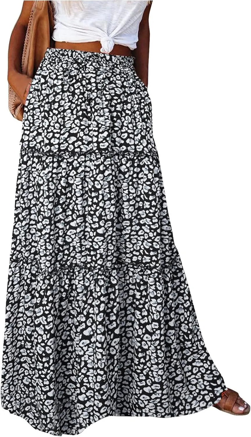 Boho Maxi Skirts for Women Summer Tiered Elastic Casual Skirt Smocked A Line Skirts Work Long Skirt Y2K with Pockets