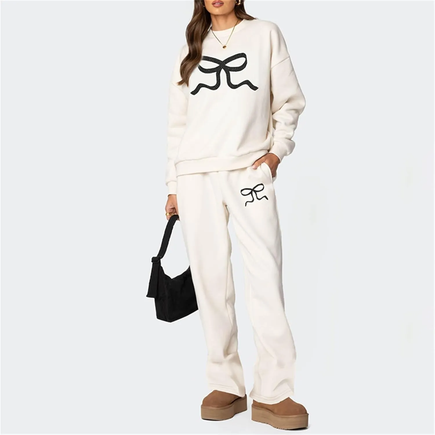 Bow Sweatsuits for Women Two Piece Tracksuit Graphic Oversized Hoodie Sweatshirt Sweatpants Sweat Set for Teen Girl