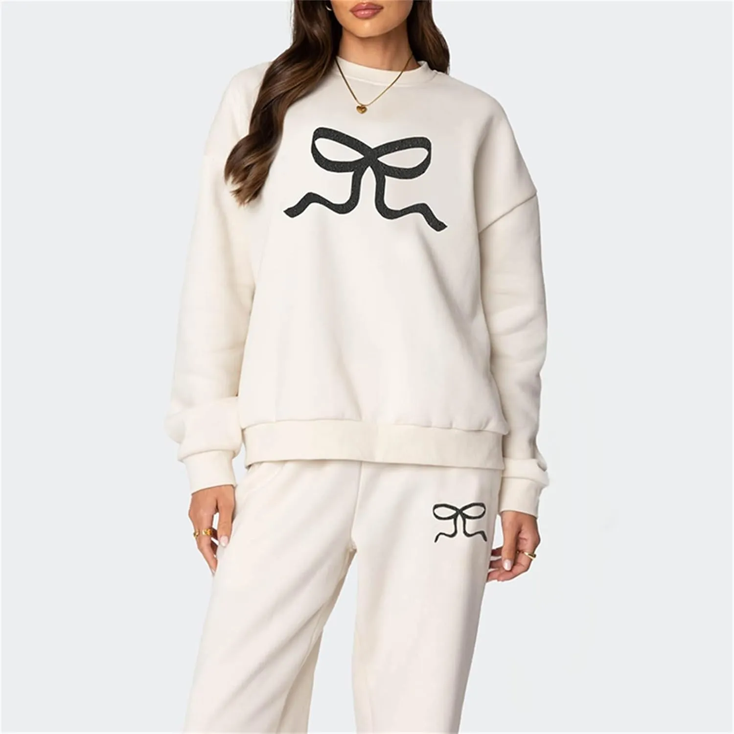 Bow Sweatsuits for Women Two Piece Tracksuit Graphic Oversized Hoodie Sweatshirt Sweatpants Sweat Set for Teen Girl