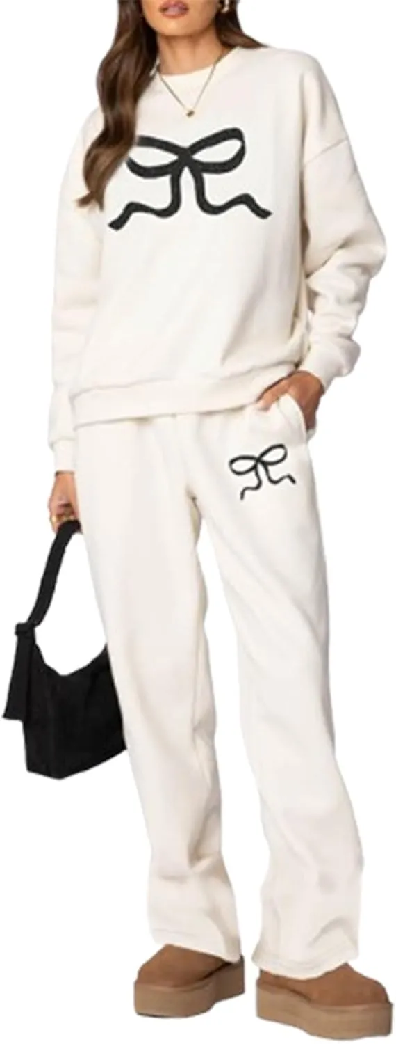 Bow Sweatsuits for Women Two Piece Tracksuit Graphic Oversized Hoodie Sweatshirt Sweatpants Sweat Set for Teen Girl