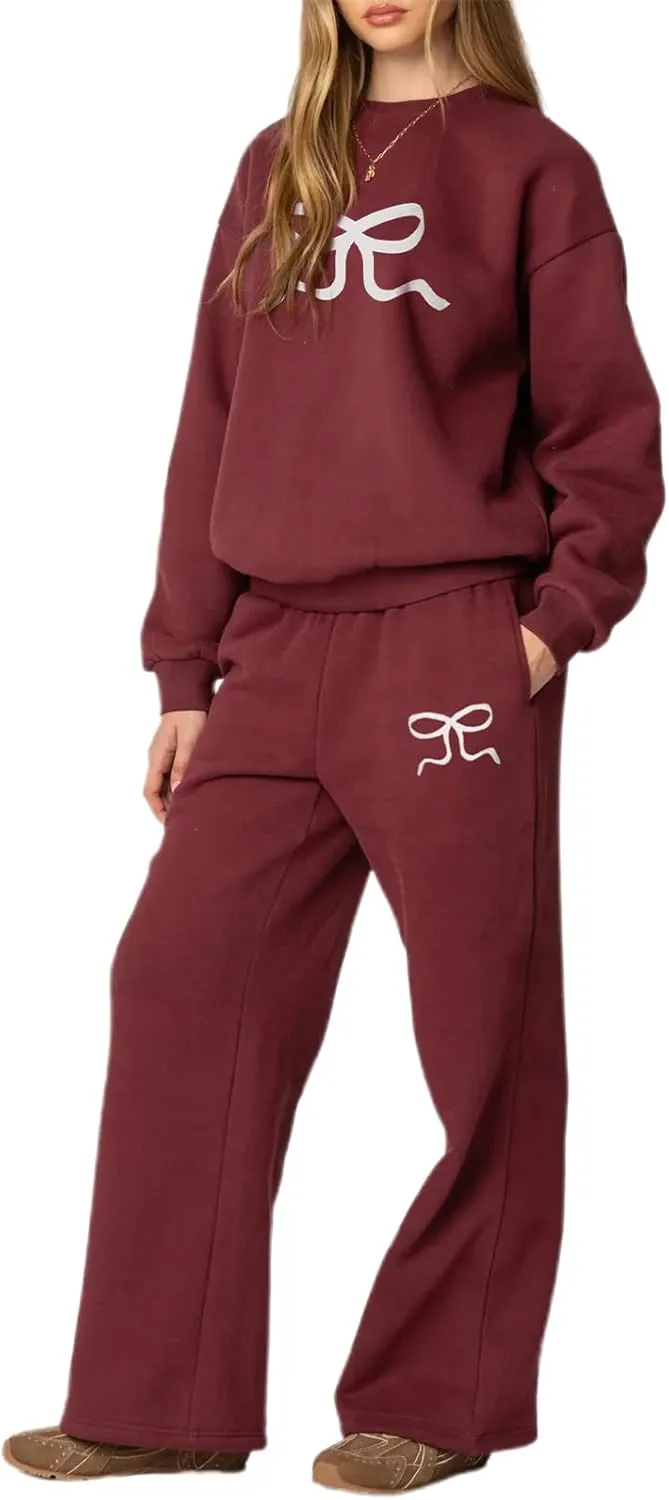 Bow Sweatsuits for Women Two Piece Tracksuit Graphic Oversized Hoodie Sweatshirt Sweatpants Sweat Set for Teen Girl