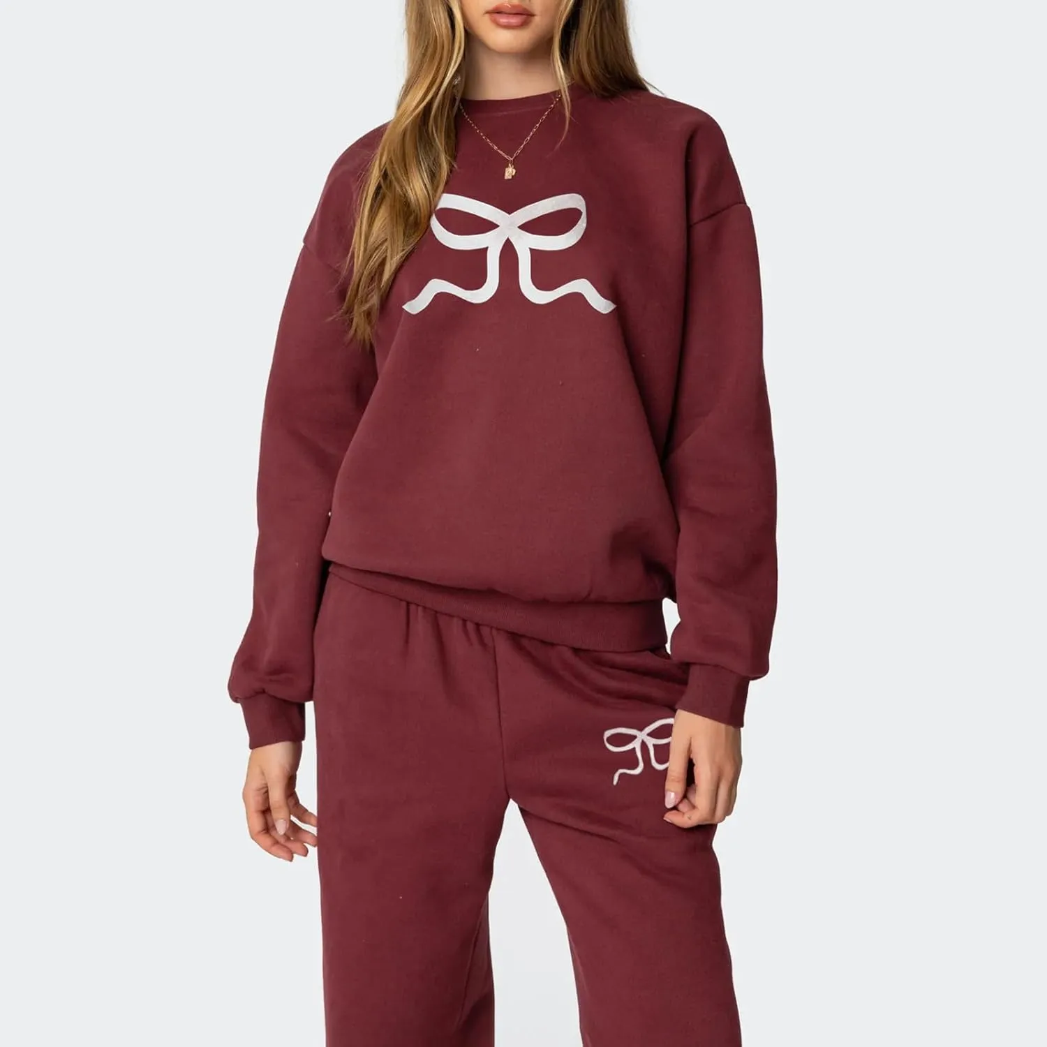 Bow Sweatsuits for Women Two Piece Tracksuit Graphic Oversized Hoodie Sweatshirt Sweatpants Sweat Set for Teen Girl