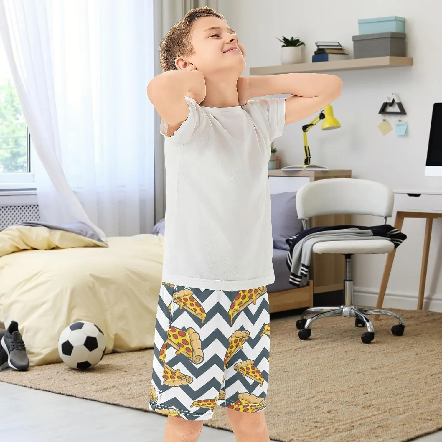 Boys Casual Shorts, Elastic Waist Athletic Gym Shorts with Pockets for Active Kids 7-15Y