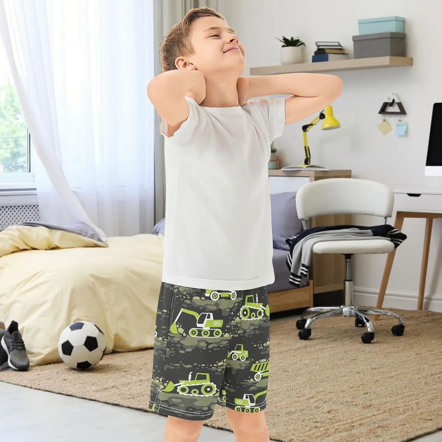 Boys Casual Shorts, Elastic Waist Athletic Gym Shorts with Pockets for Active Kids 7-15Y