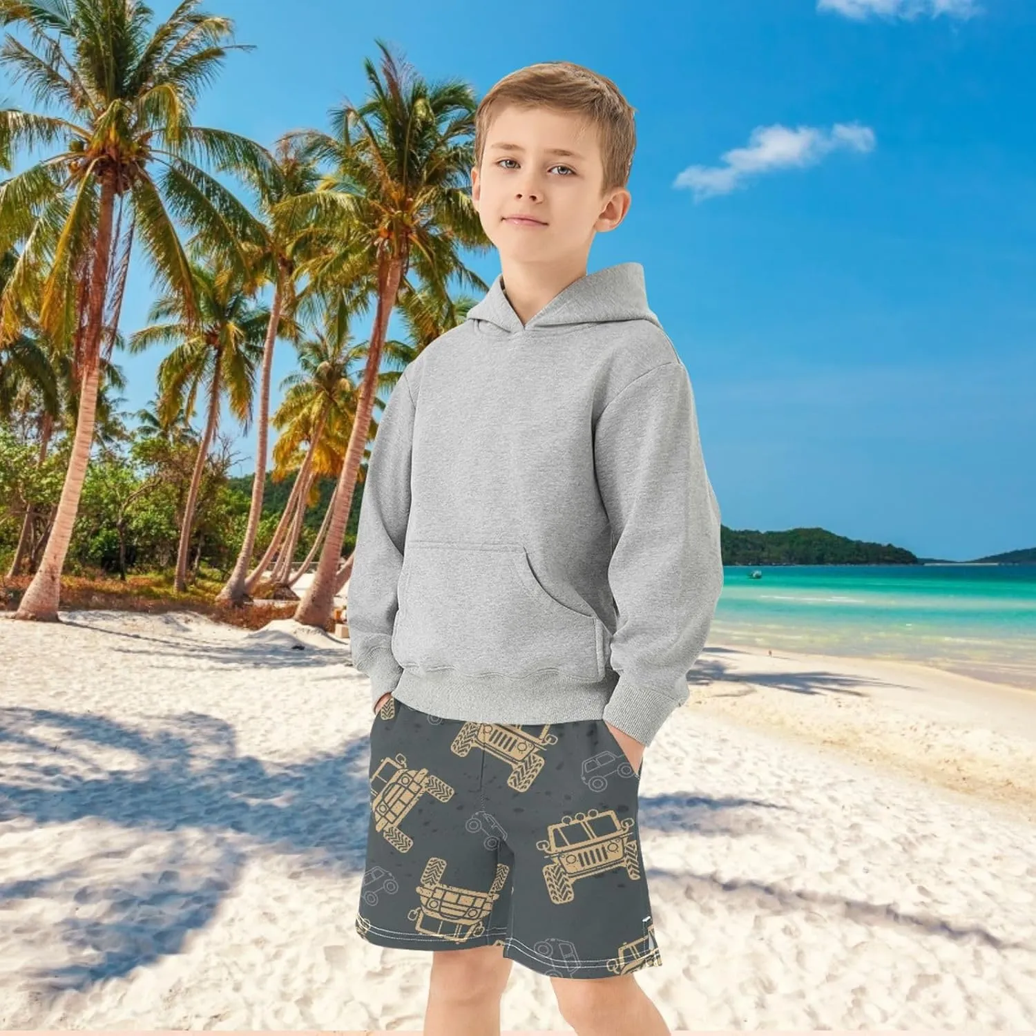 Boys Casual Shorts, Elastic Waist Athletic Gym Shorts with Pockets for Active Kids 7-15Y