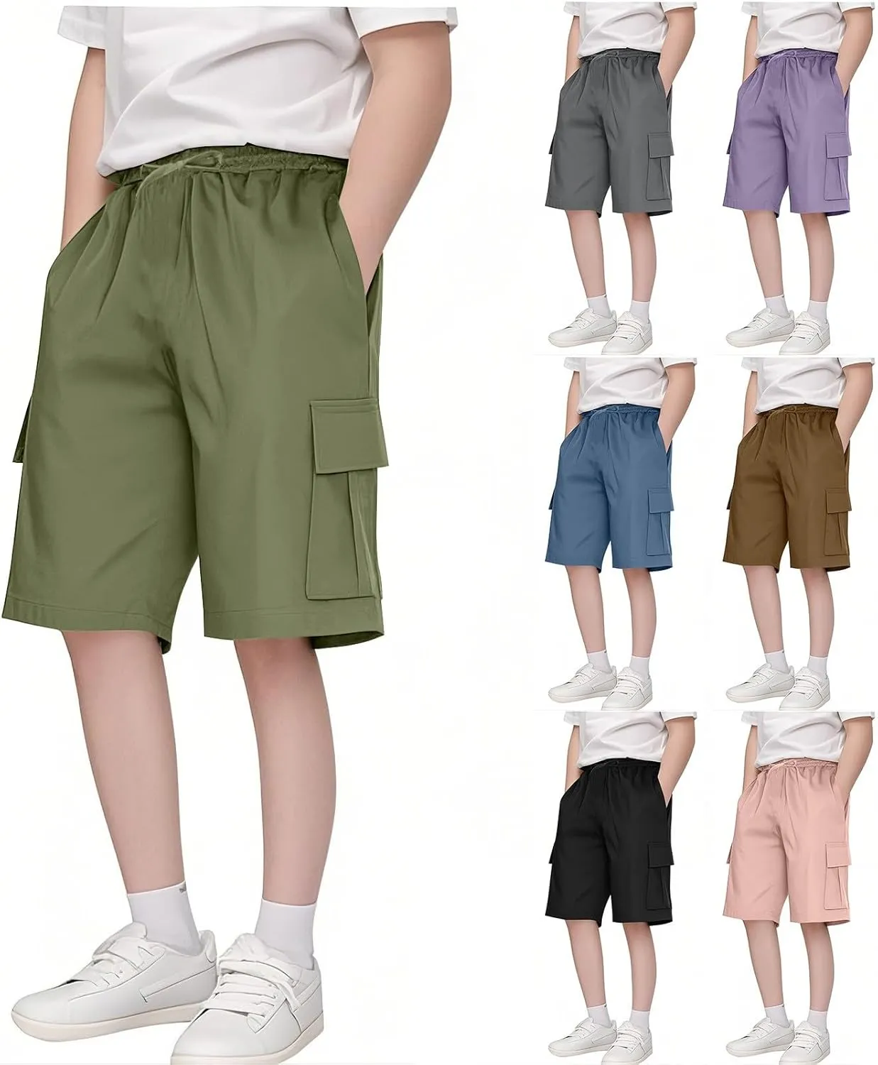 Boys' Pull on Cargo Shorts School Uniform Khaki Athletic Shorts for Boys Quick Dry Cargo Hiking Pants Baggy Sweatpants