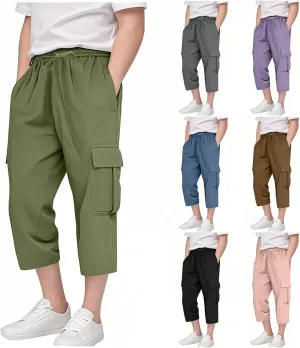 Cargo Shorts for Boys Athletic 3/4 Capri Pants Khaki Shorts School Uniform Quick Dry Hiking Pants Drawstring Sweatpants