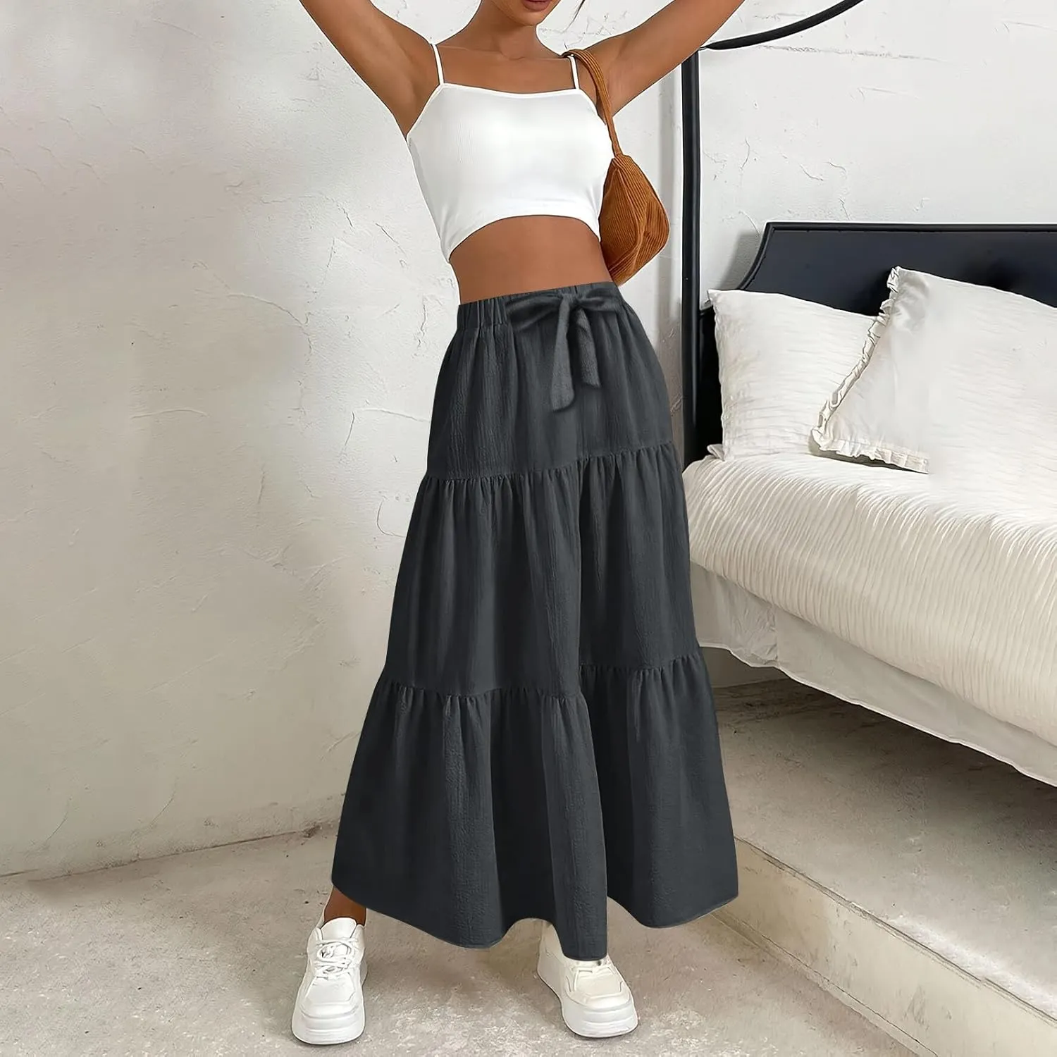 Casual Maxi Skirt for Women Summer Drawstring High Waisted A-Line Skirts Flowy 3-Layer Tiered Ruffle Skirts Long
