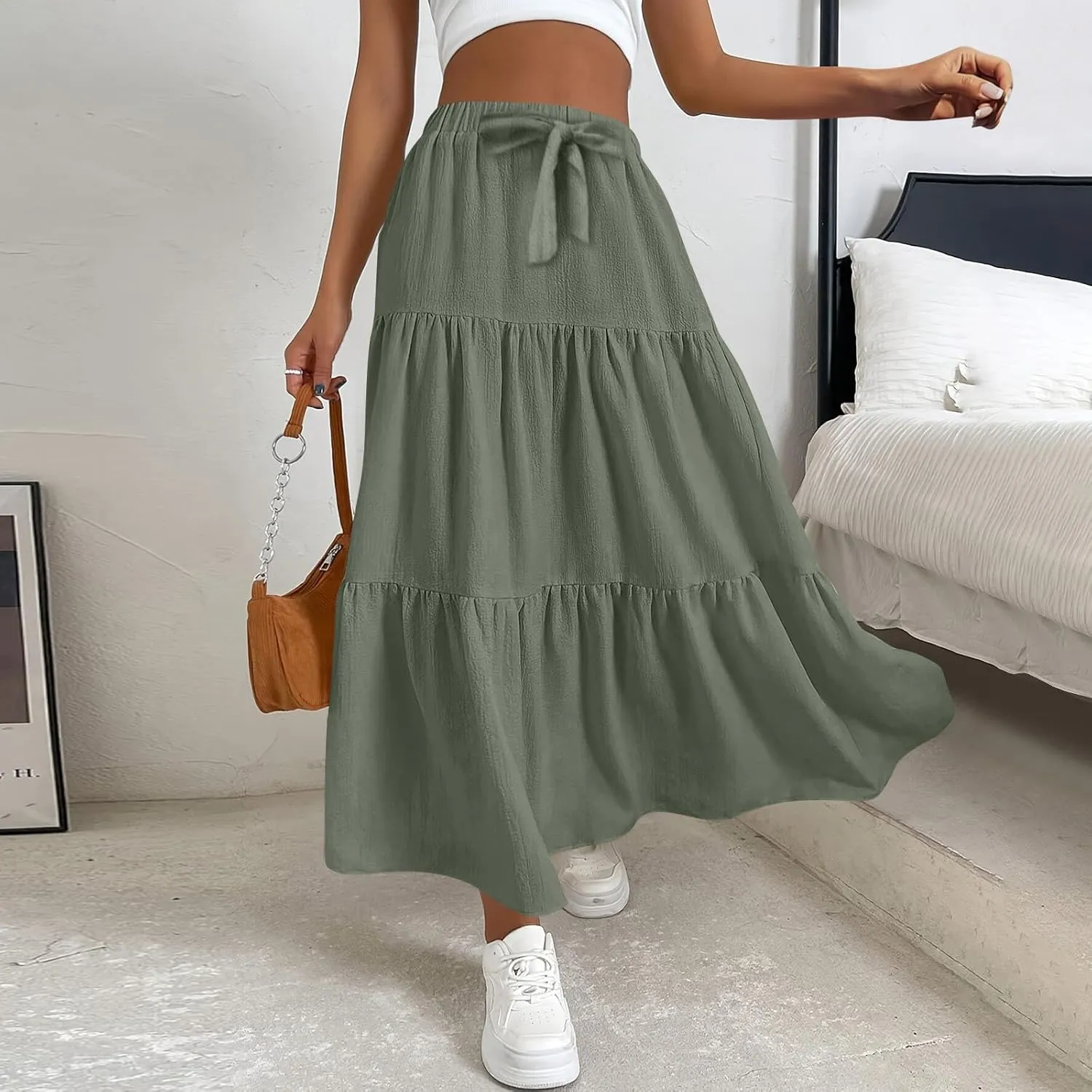 Casual Maxi Skirt for Women Summer Drawstring High Waisted A-Line Skirts Flowy 3-Layer Tiered Ruffle Skirts Long