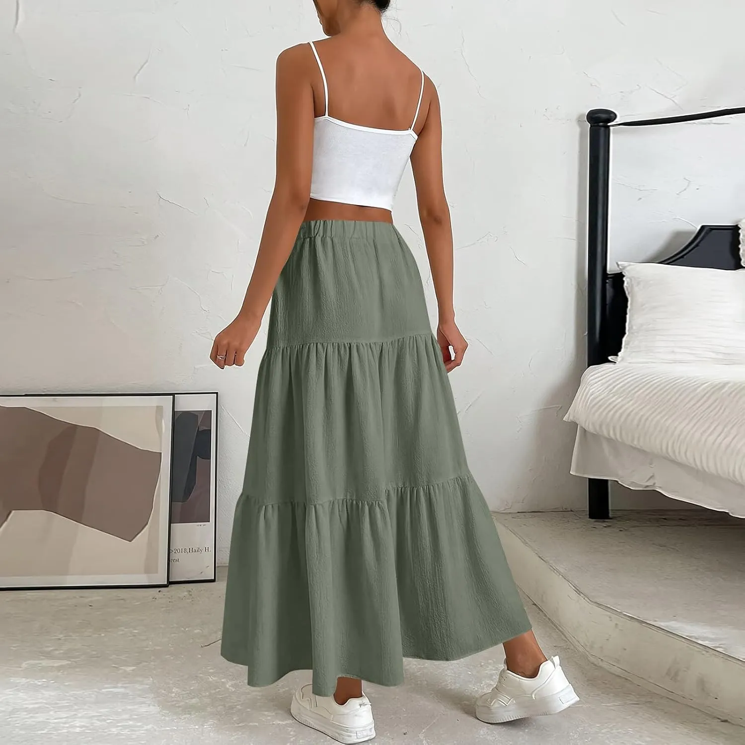 Casual Maxi Skirt for Women Summer Drawstring High Waisted A-Line Skirts Flowy 3-Layer Tiered Ruffle Skirts Long
