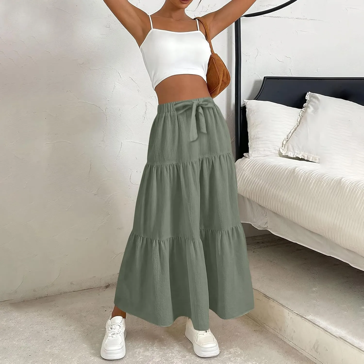 Casual Maxi Skirt for Women Summer Drawstring High Waisted A-Line Skirts Flowy 3-Layer Tiered Ruffle Skirts Long