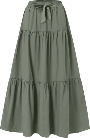 Casual Maxi Skirt for Women Summer Drawstring High Waisted A-Line Skirts Flowy 3-Layer Tiered Ruffle Skirts Long