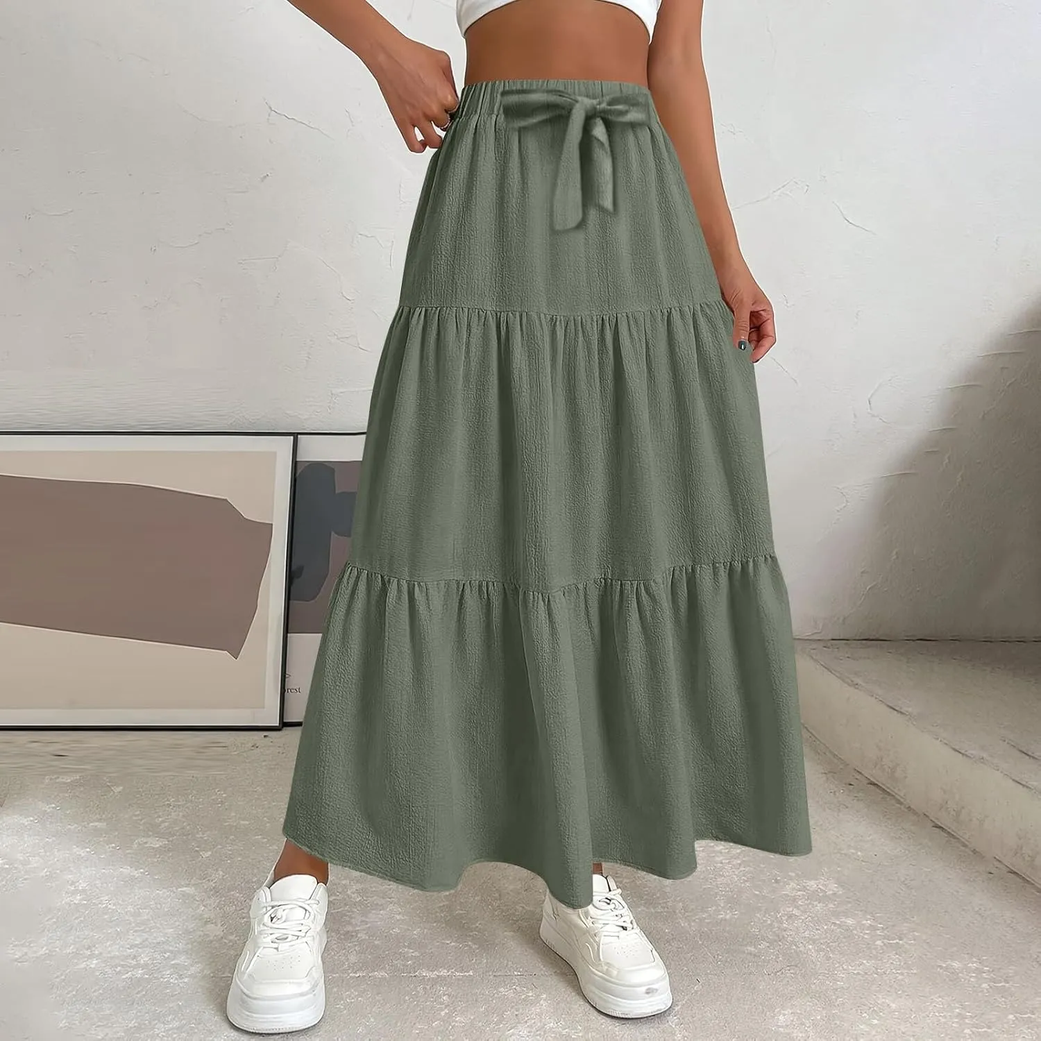 Casual Maxi Skirt for Women Summer Drawstring High Waisted A-Line Skirts Flowy 3-Layer Tiered Ruffle Skirts Long