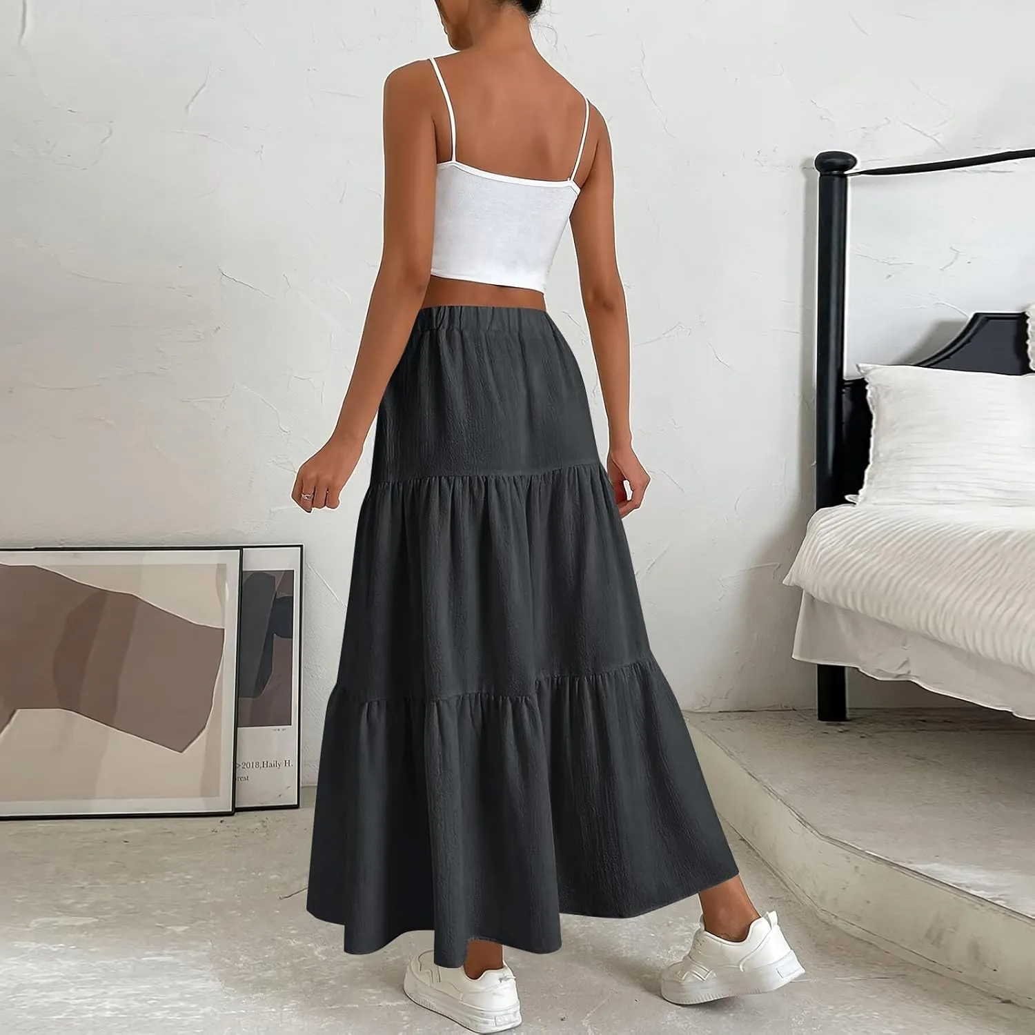 Casual Maxi Skirt for Women Summer Drawstring High Waisted A-Line Skirts Flowy 3-Layer Tiered Ruffle Skirts Long