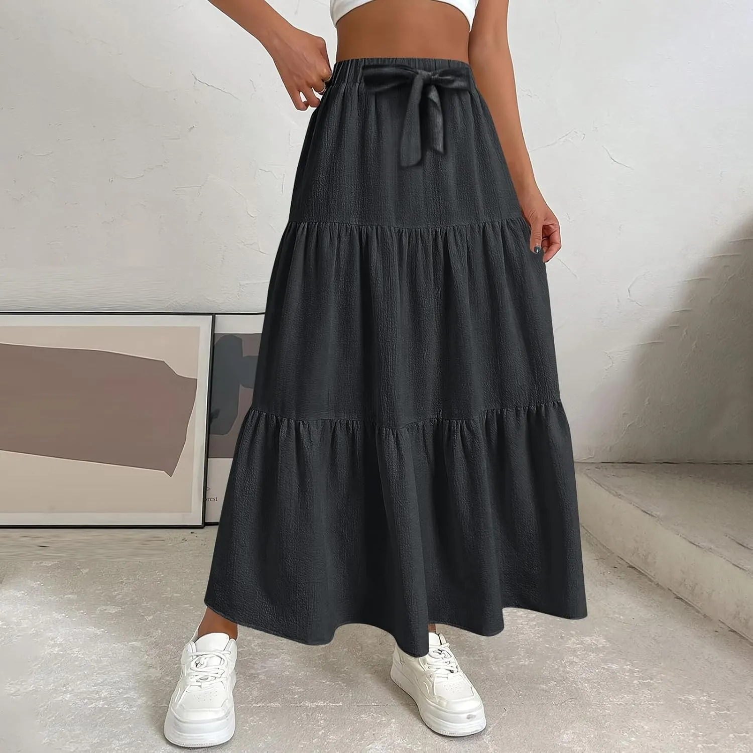 Casual Maxi Skirt for Women Summer Drawstring High Waisted A-Line Skirts Flowy 3-Layer Tiered Ruffle Skirts Long