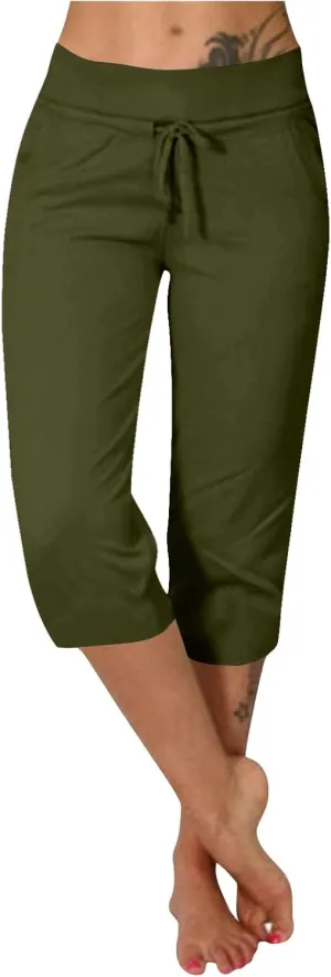 Casual Stretch Capris Pant for Women 2025 Side Pocket Yoga Trouser Straight Leg Summer Sweatpant Lightweight Pants