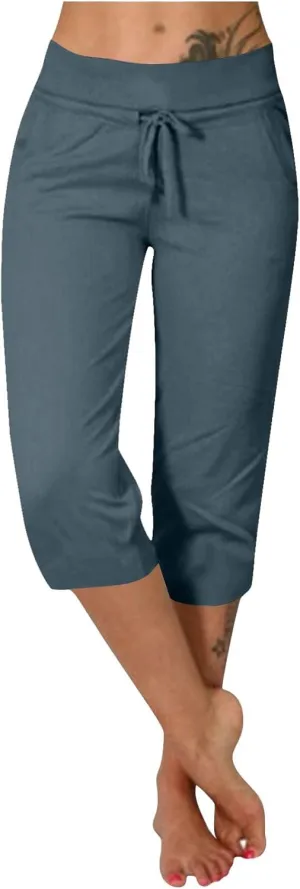 Casual Stretch Capris Pant for Women 2025 Side Pocket Yoga Trouser Straight Leg Summer Sweatpant Lightweight Pants