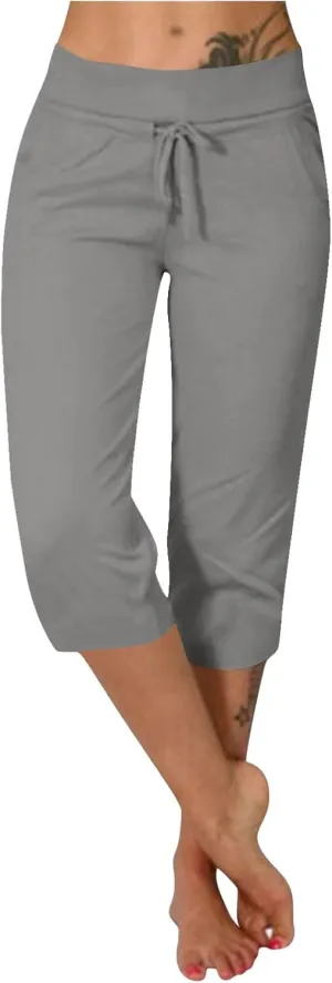 Casual Stretch Capris Pant for Women 2025 Side Pocket Yoga Trouser Straight Leg Summer Sweatpant Lightweight Pants