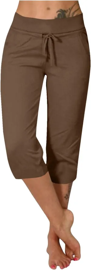 Casual Stretch Capris Pant for Women 2025 Side Pocket Yoga Trouser Straight Leg Summer Sweatpant Lightweight Pants